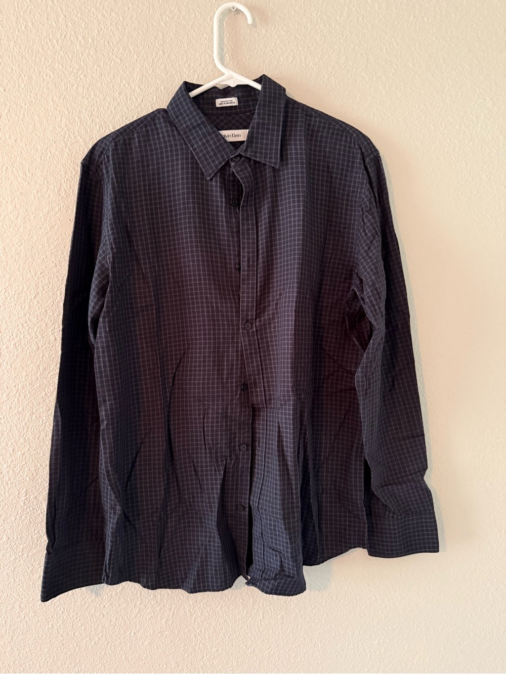 Calvin Klein Men's Dark Navy Grid-Check Dress Shirt Large